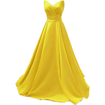 Women Strapless Simple Satin A Line Evening Party Formal Gown Corset Pleat Sweetheart Long Prom Dress w/Pocket
