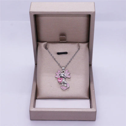 Women Elegant Creative Cute Pink-ear Axolotl Heart Crystal Pendant Necklace