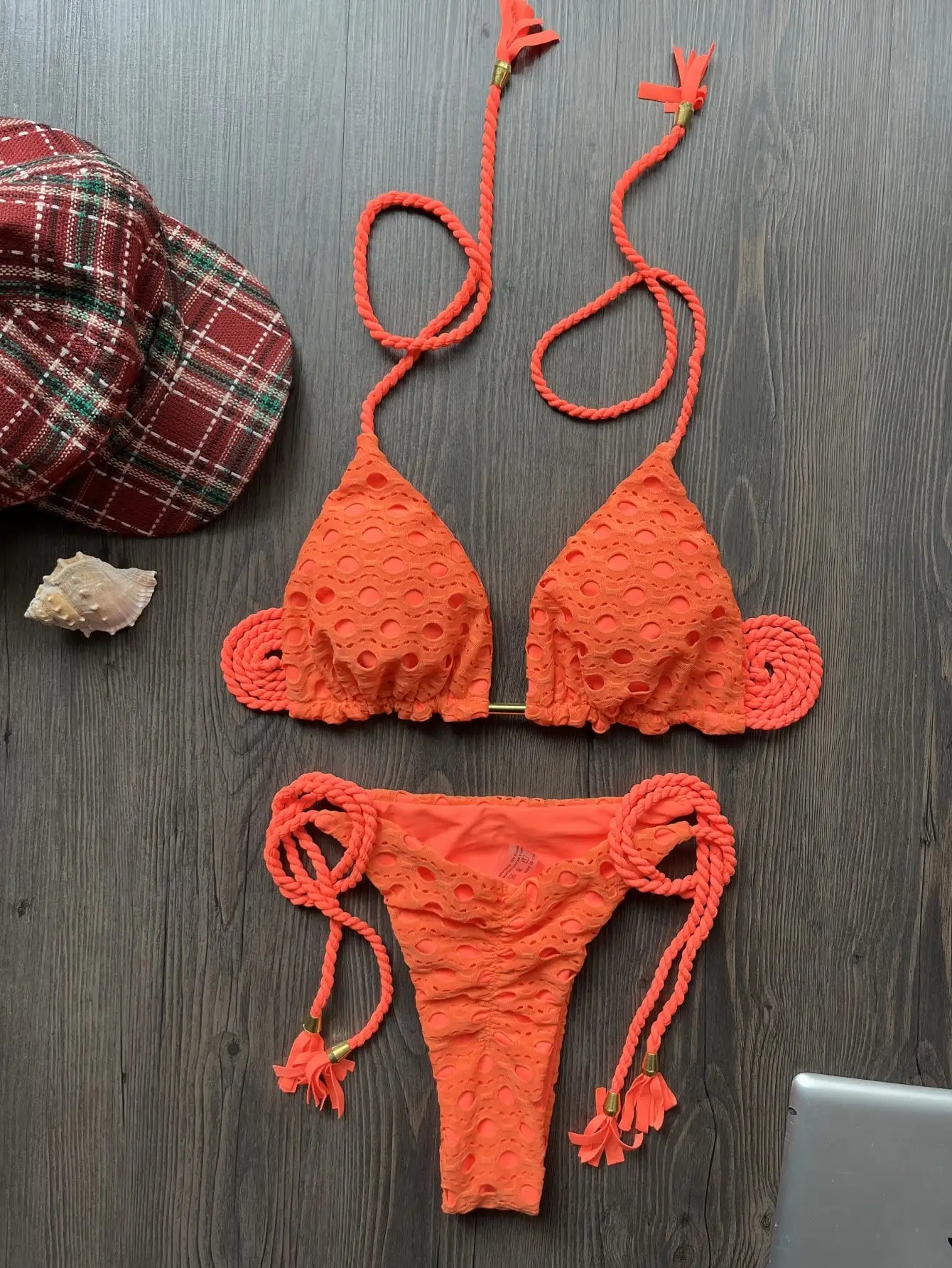 Sexy Split Swimsuit Bikini Hollow Fabric Solid Color Bikini Beach Bathing Suit