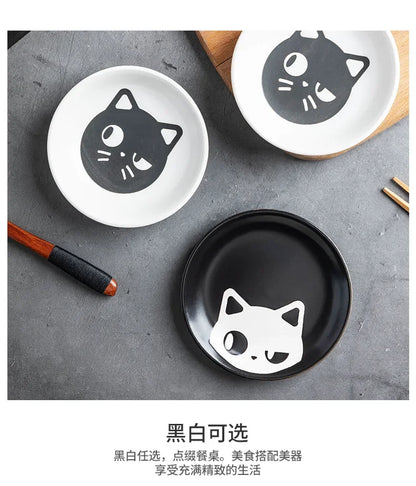 Ceramic Cartoon Cat Japanese Soy Sauce Vinegar Roast Meat Dip Round Snack Plate Bowl Dishes