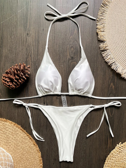High Cut Halter Brazilian Metallic Satin Women Swimwear Swimsuit Two-pieces Bikini Set