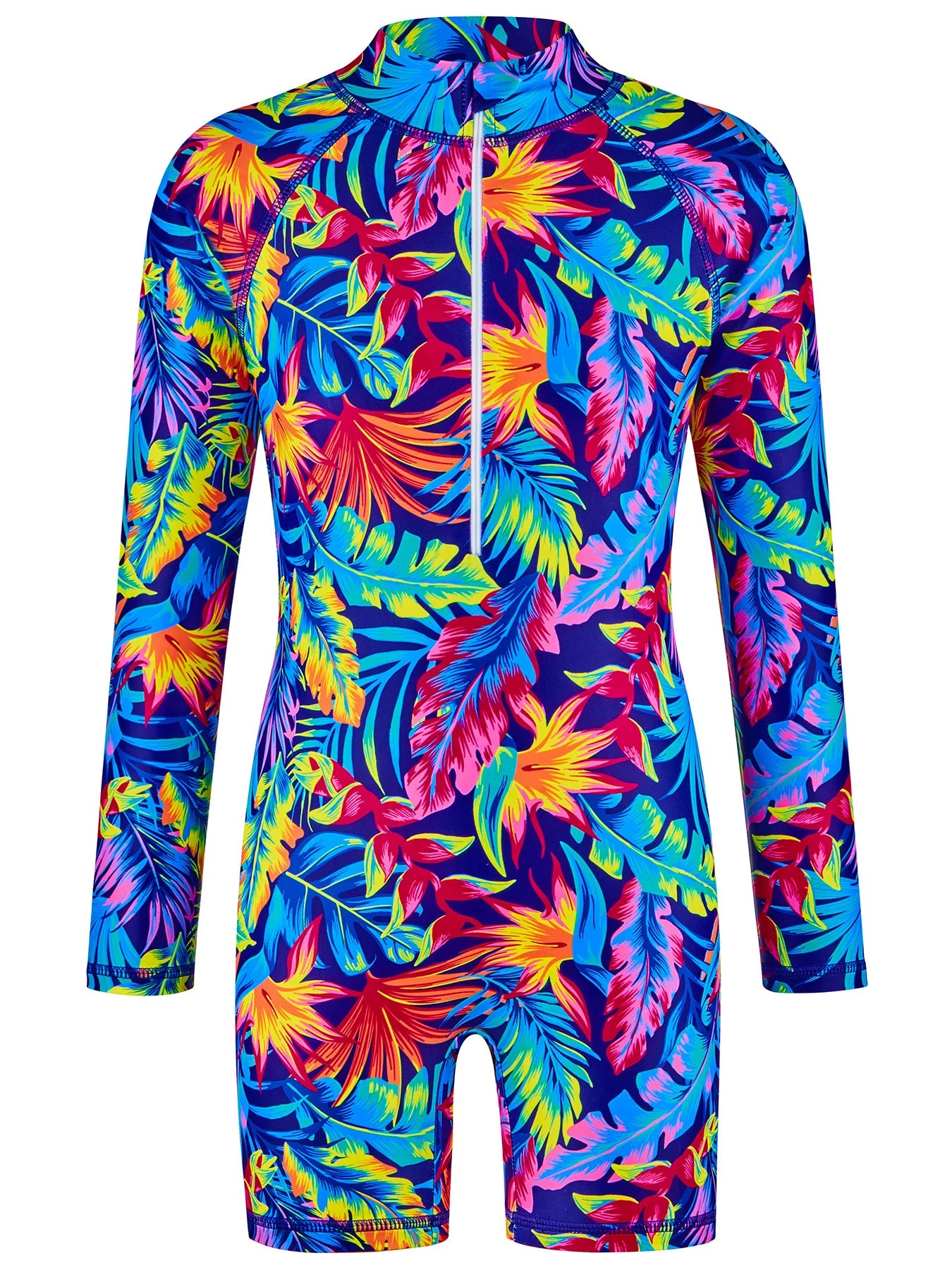 Girls Kids One-Piece Long Sleeve All-over Plant Print Beach Boyleg Shorts Swimming Suit Swimsuit