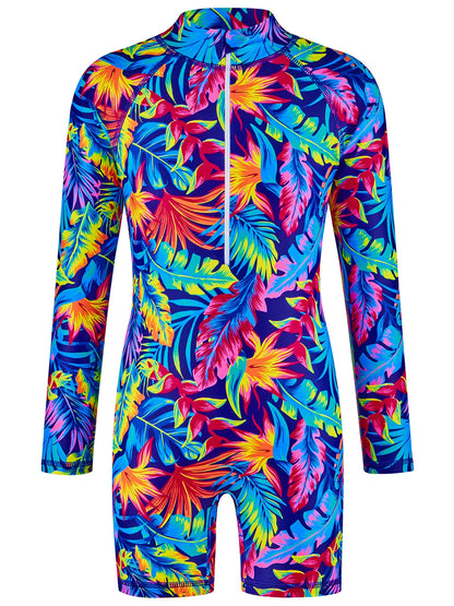 Girls Kids One-Piece Long Sleeve All-over Plant Print Beach Boyleg Shorts Swimming Suit Swimsuit