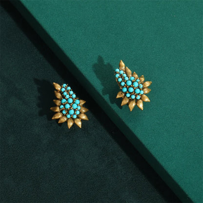 Women Vintage Beaded Sea Blue Natural Stones Tree Leaf Antique Bohemia Stud Earrings