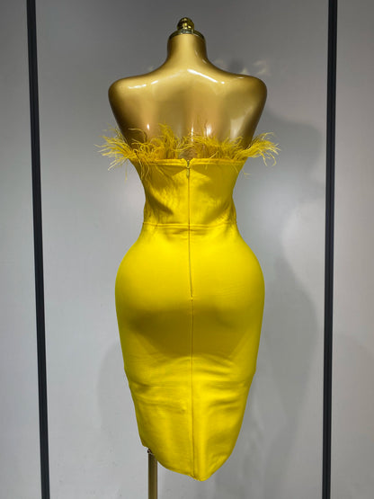 Sexy Backless Yellow Bandage Strapless Celebrity Elegant Feather Birthday Club Party Dress