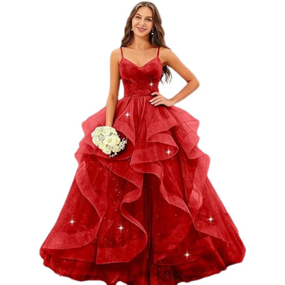 Sparkly Tulle Long Prom Spaghetti Straps Ball Glitter Tulle A-line Formal Evening Party Gown Dress