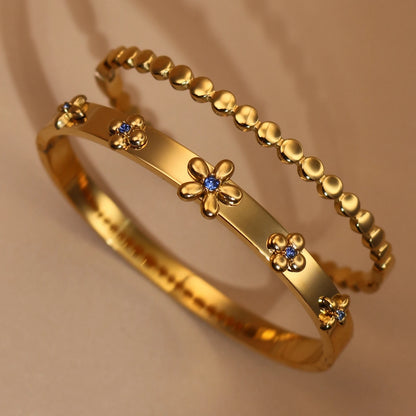 New Floral Blue Zircon Lentil Design 18K Gold Plated Stainless Steel Women's Bracelet Jewelry