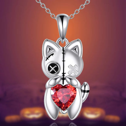 Women Fashion Halloween Creative Cat Voodoo Doll Red Heart Pendant Necklace