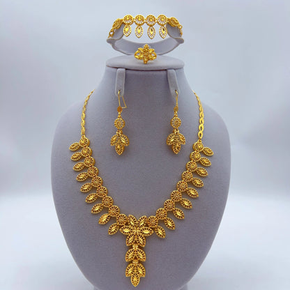 24K Gold Plated Women Wedding Dubai African Indian Brazilian Pendant Necklace Earrings
