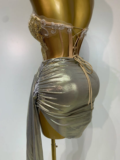 Sexy Strapless Sequins Rhinestone Gold Dress Glitter Two Pieces Birthday Evening Party Night Dress