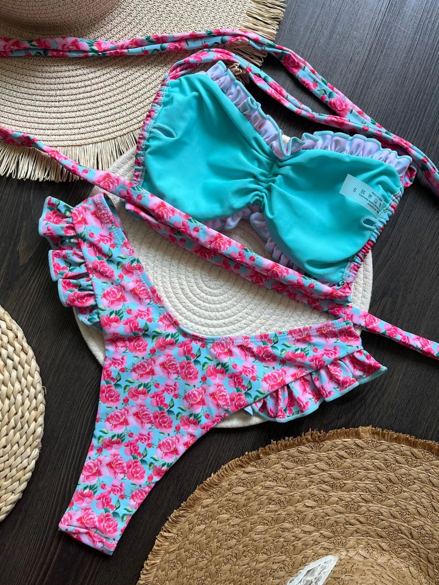 Sexy Flowers Printed Ruffled Frilled Swimwear Swimsuit Two-pieces Bikini Bathing Suit