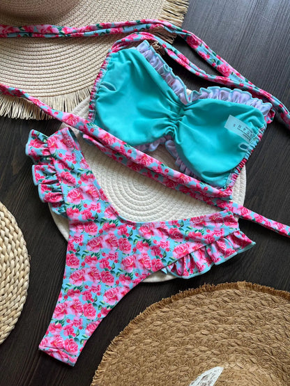 Sexy Flowers Printed Ruffled Frilled Swimwear Swimsuit Two-pieces Bikini Bathing Suit