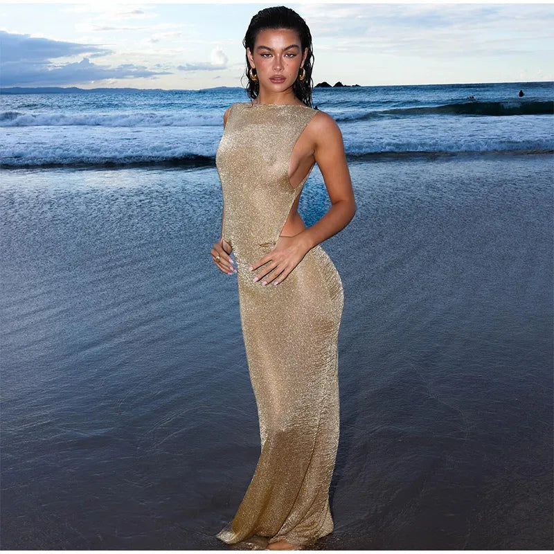 Women Chic Gold Bright Silk Backless Split Maxi Exposed Waist Slim Fit Party Evening Dress