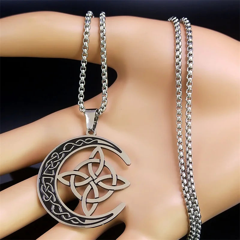 Crescent Celtic Irish Knot Stainless Steel Witch Moon Amulet Protection Chain Necklace