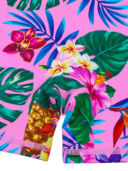 One-Piece Kids Girl Long-Sleeved Pink Plants Print Zipper Boyleg Shorts Swimming Swim Romper