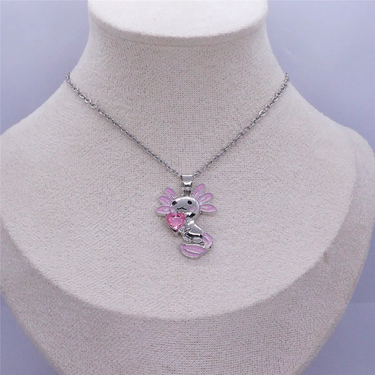 Women Elegant Creative Cute Pink-ear Axolotl Heart Crystal Pendant Necklace