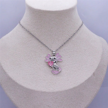 Women Elegant Creative Cute Pink-ear Axolotl Heart Crystal Pendant Necklace