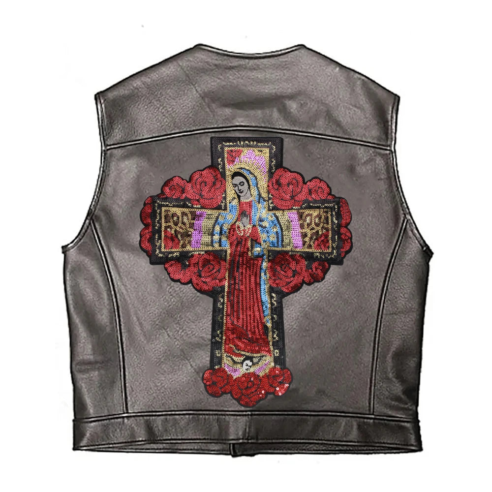 Large Sequins cross rose Blessed Virgin Mary Goddess Embroidery Patches for Clothes DIY sew Stripes Applique