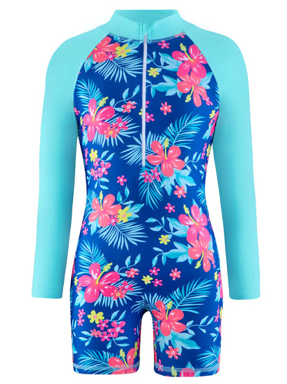 Girls Kids One-Piece Long Sleeve Plants Print Beach Swimwear Boyleg Shorts Swimsuit