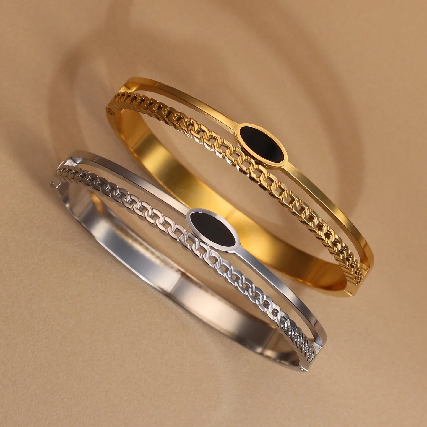 Luxury 2-In-1 Wedding Gold Black Acrylic Stainless Steel Ring Bangles Set