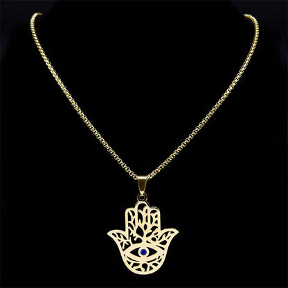 Hollow Fatima Hamsa Stainless Steel Gold Color Luck Hand Palm Blue Turkey Eye Pendants Necklace