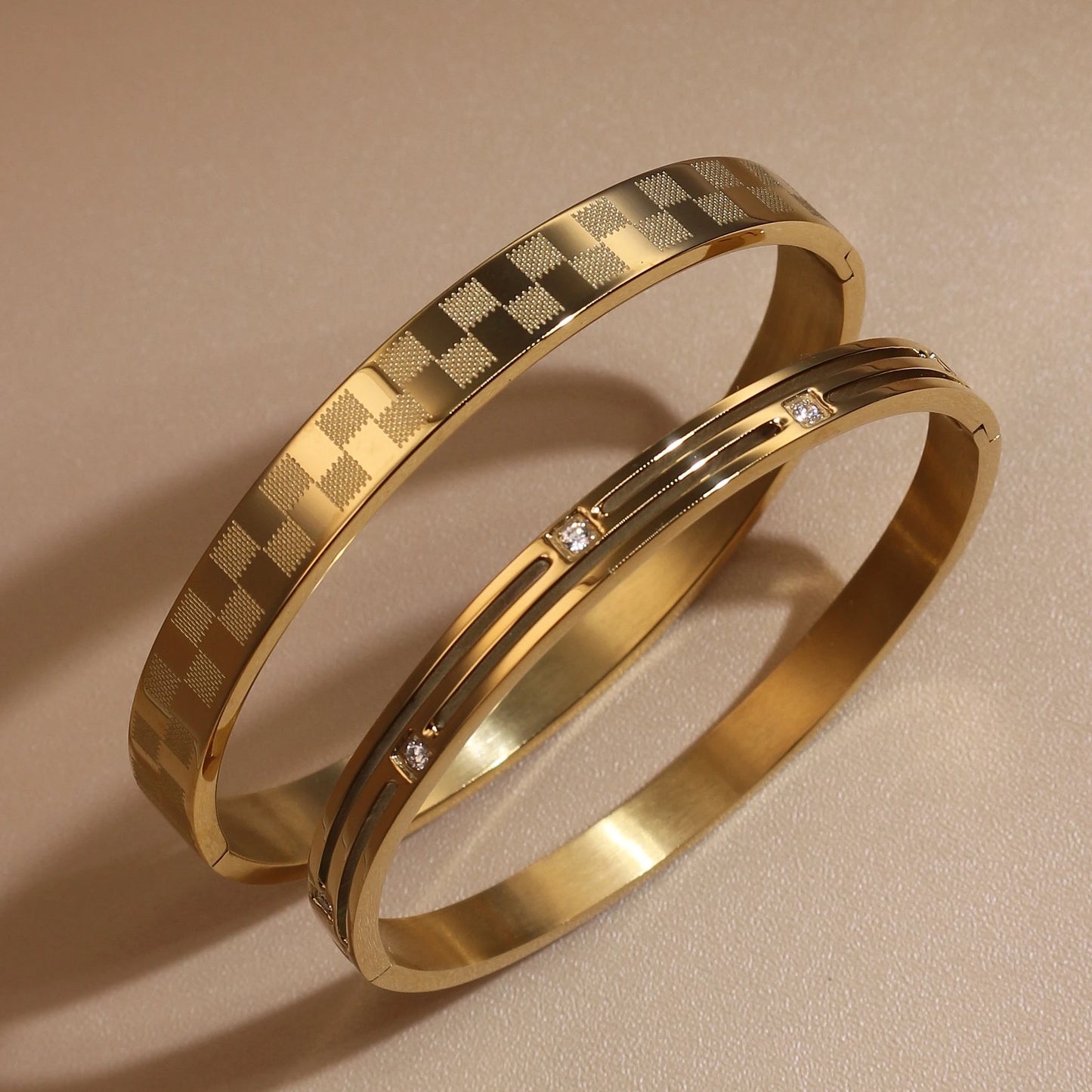 Luxury Polished Checkered Design Stainless Steel Crystal Wedding Party Bangle Bracelet