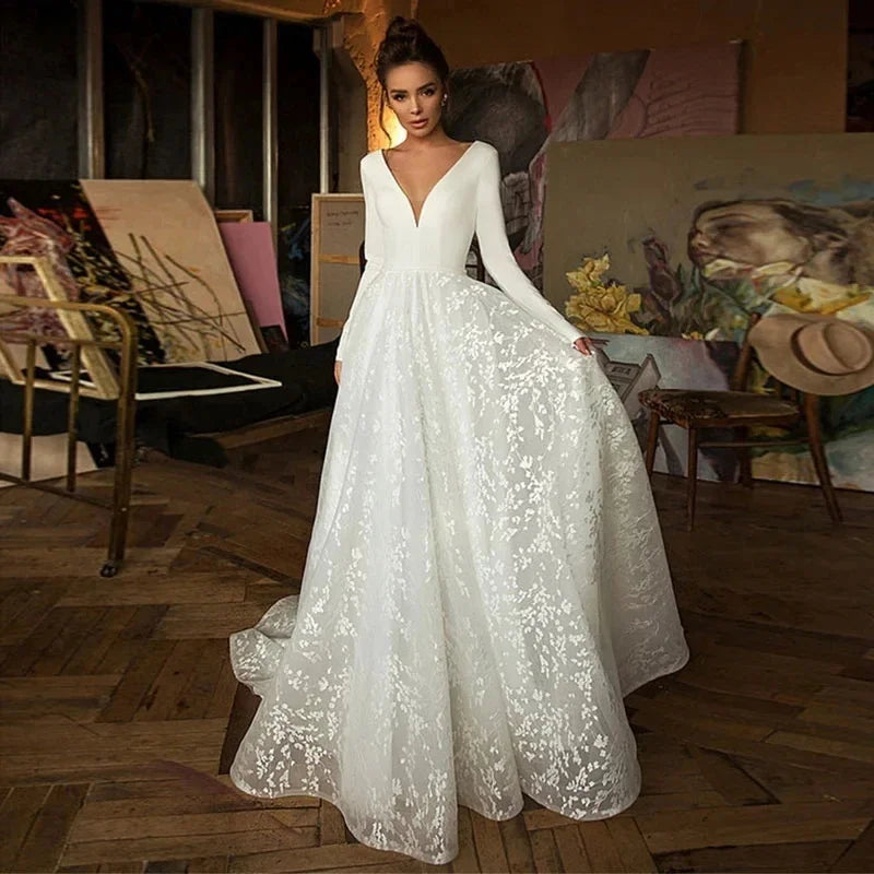 Boho Lace Robe V Neck Wedding Satin Long Sleeves Simple Bridal Dress Gown