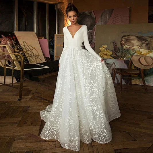 Boho Lace Robe V Neck Wedding Satin Long Sleeves Simple Bridal Dress Gown