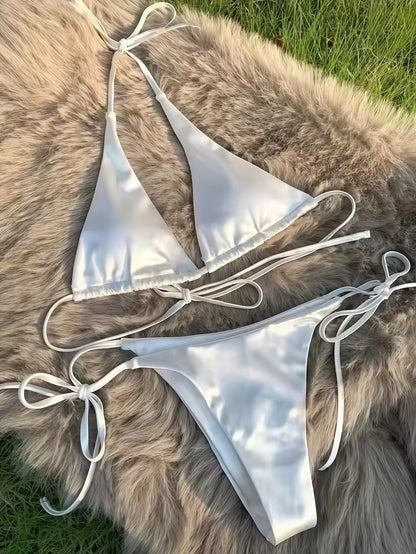 High Cut Halter Brazilian Metallic Satin Women Swimwear Swimsuit Two-pieces Bikini Set