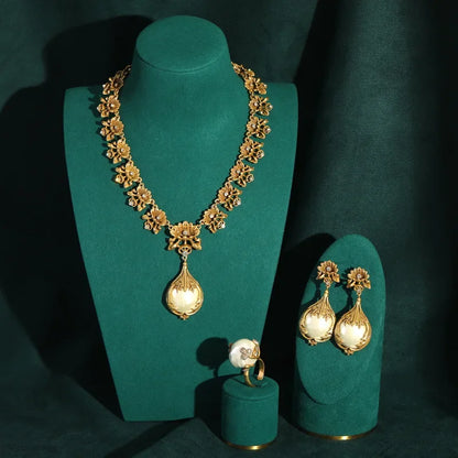 Women Vintage Baroque Pearl Dangle Yellow Flower Metal Carving Rose Water Drop Pendant Earrings