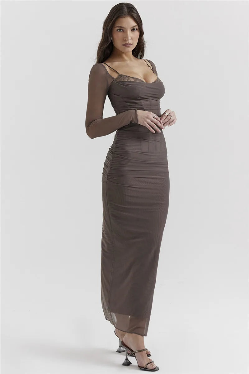 Elegant Sheer Long Sleeve Sexy Maxi Fashion Mesh Strapless Backless Club Party Dress