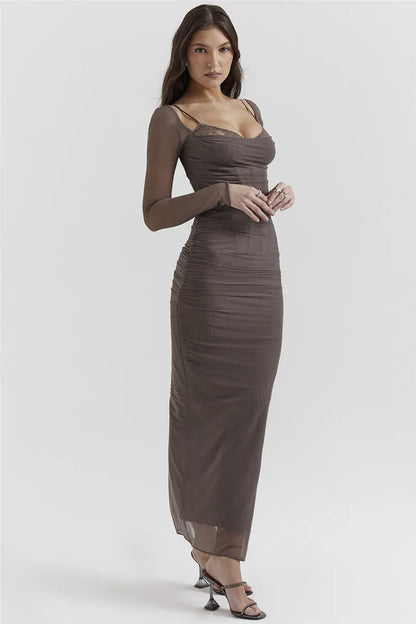 Elegant Sheer Long Sleeve Sexy Maxi Fashion Mesh Strapless Backless Club Party Dress