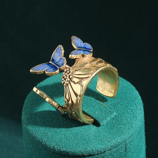 Women Vintage Butterfly Gold Color Blue Enamel Open Bohemia Crown Rings
