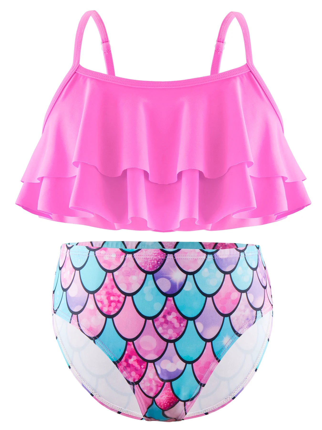 2pcs Kids Girl Sleeveless Pink Ruffle Crop Tops Scale Print Swim Briefs Swimming Suit