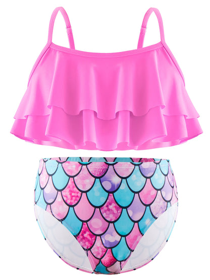 2pcs Kids Girl Sleeveless Pink Ruffle Crop Tops Scale Print Swim Briefs Swimming Suit