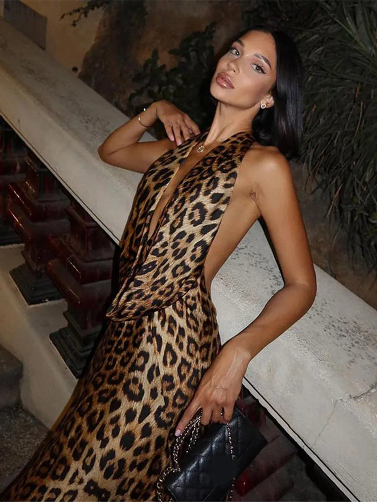 Women Vintage Satin Leopard Printed Halter Lace Up Maxi Backless Off Shoulder Sleeveless Chic Evening Dress