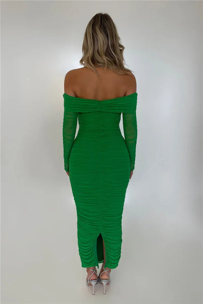 Women Off-shoulder Long Sleeve Sexy Maxi Strapless Backless Bodycon Ruched Party Long Dress