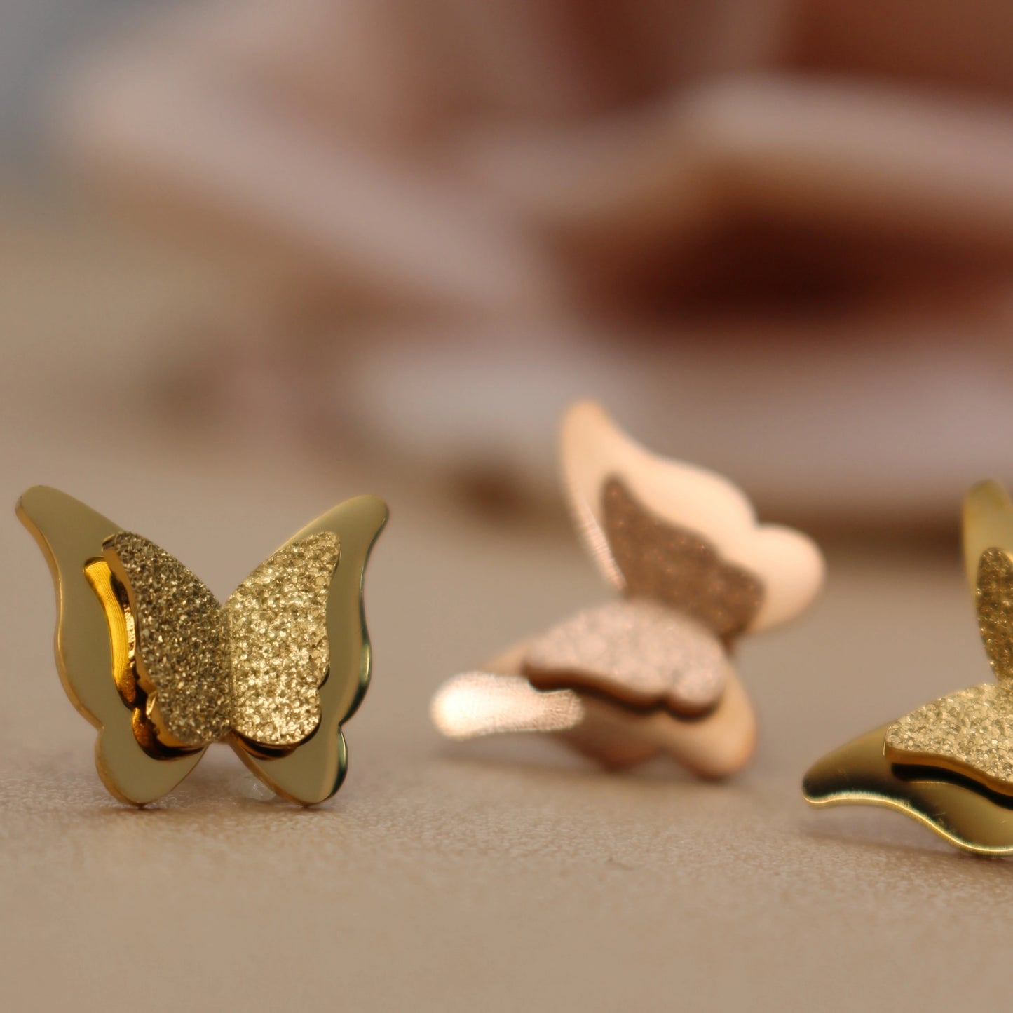 Sweet Romantic Gold Color Three-Dimensional Butterfly Design Stainless Steel Stud Earrings
