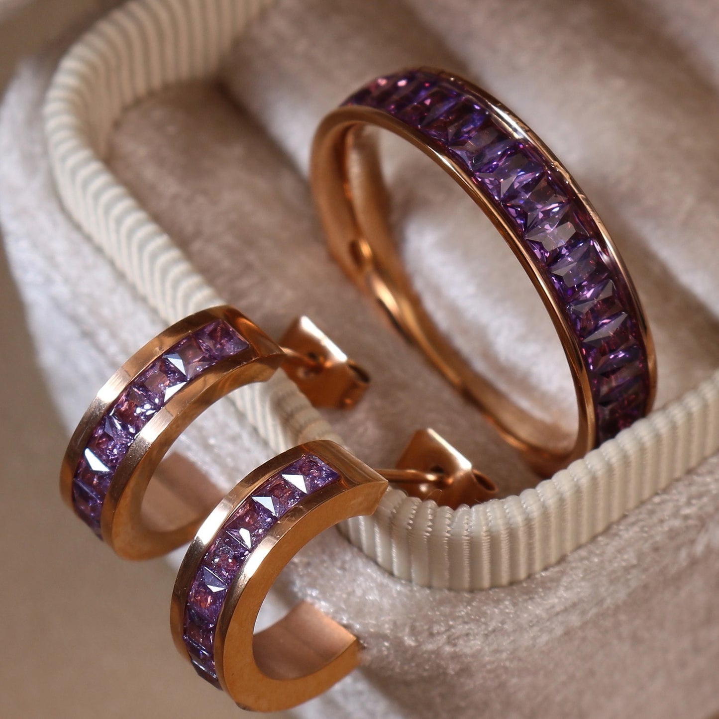 2-In-1 Women Rose Gold-Plated Stainless Steel Crystal Earrings Ring Jewelry Set