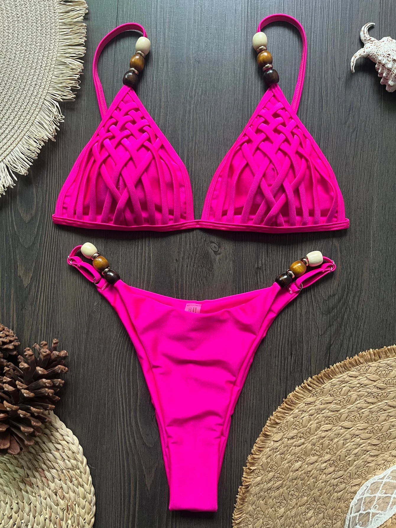Sexy Women Pearls Strap Hole Out Push Up Bra Thong Swimsuit Brazilian Beach Bathing Micro Bikini Suit