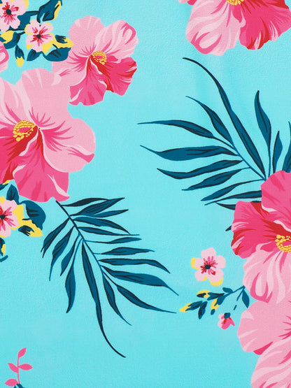 Girls Kids One Piece Long Sleeve Floral Print Beach Swim Rash Guard Boyleg Shorts Swimwear