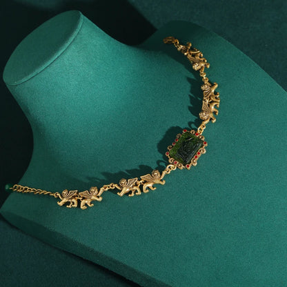 Women Vintage Green Glass Charm Square Relief Lion Real Gold Plated Designer Bracelet