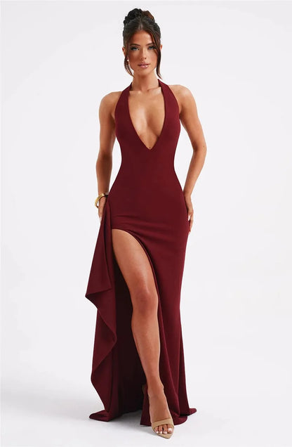 Women Deep V Neck Thigh High Split Maxi Halter Sleeveless Backless Bodycon Party Long Dress