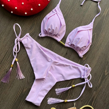 Solid Color Bikini Swimsuit Hanging Neck Rope Split Swimsuit 2-piece Beachwear Suit