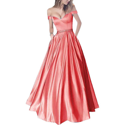 Women Off The Shoulder Beaded Satin V Neck Corset A Line Long Formal Prom Evening Party Gown Dress w/Pocket