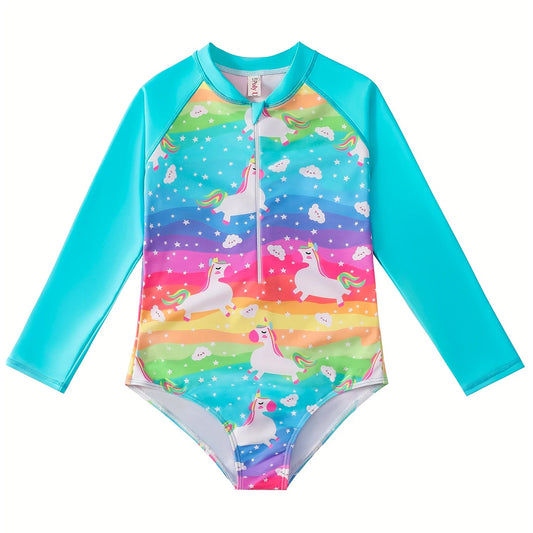 Kids Girl Animal Horse Pattern Rainbow Color Print Long Sleeve Swimsuit Bikini Cut Bottom Prints Swim