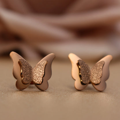 Sweet Romantic Gold Color Three-Dimensional Butterfly Design Stainless Steel Stud Earrings