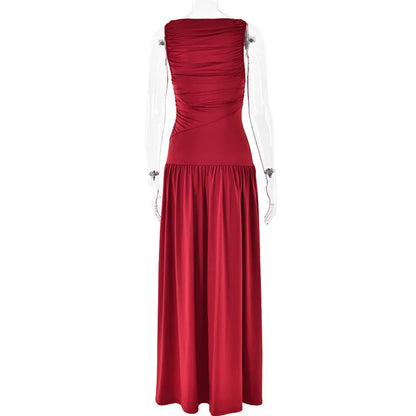 Elegant Sleeveless Women Fashion Solid Boat Neck Tank Ruched Long Dress Gown