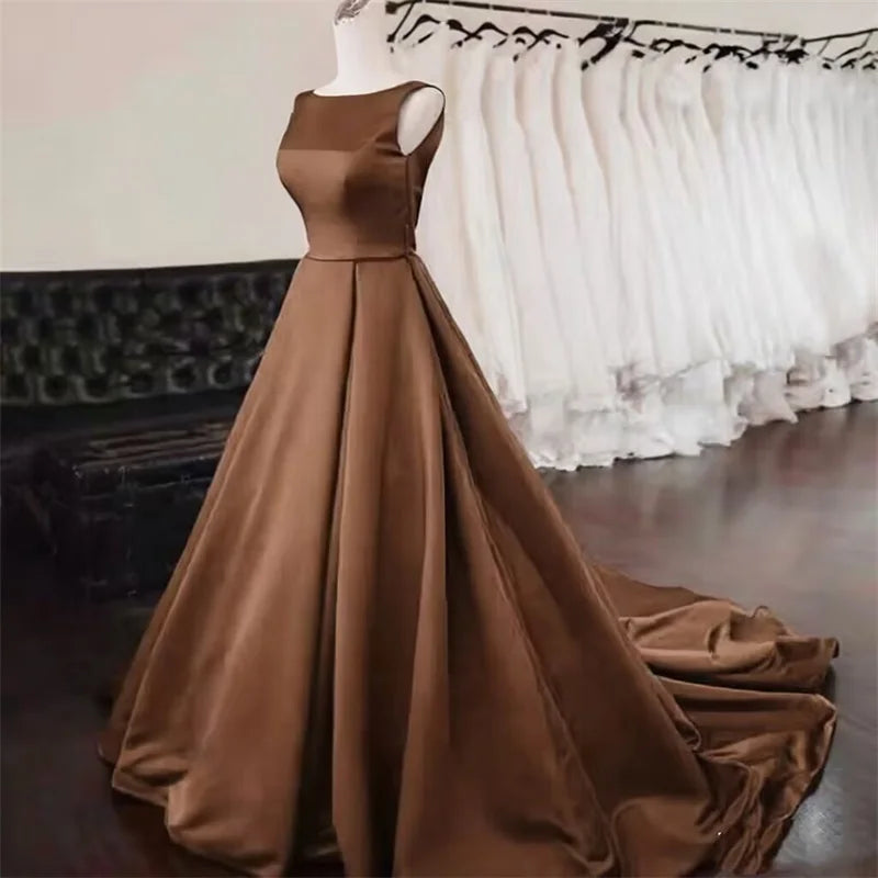 Women's Scoop Neck Sweep Train Prom Backless A-line Satin Long Formal Evening Party Dress w/ Pockets