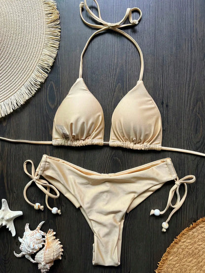 Solid Color Bikini Swimsuit Hanging Neck Rope Split Swimsuit 2-piece Beachwear Suit